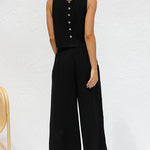Khiara Basic Button Crop Top and Pocketed Pants Set