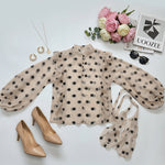 Long Sleeves Loose Buttoned Elasticity Polka-Dot Ruffle Trim See-Through V-Neck Blouses&Shirts Tops