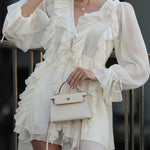 A-Line High Waisted Ruffle Trim Solid Color Tied V-Neck Mini Dresses