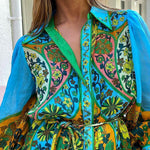 High Waisted Loose Puff Sleeves Belted Floral Printed Lapel Midi Dresses