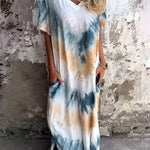 A-Line Loose Contrast Color Pockets Tie-Dyed V-Neck Maxi Dresses