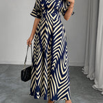 Elasticated Waist High Waisted Contrast Color Geometric Printed Split-Joint V-Neck Maxi Dresses