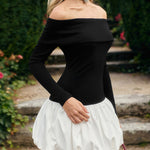 High Waisted Long Sleeves Contrast Color Pleated Split-Joint Off-The-Shoulder Mini Dresses