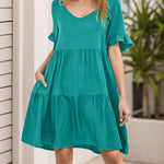 A-Line Flared Sleeves Pleated Pockets Ruffled Solid Color Split-Joint Round-Neck Mini Dresses