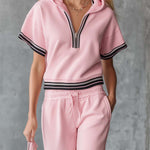 Elegant Fashion Sporty Hooded Front Zipper Short-sleeved Pink Cotton Top And Pants Set