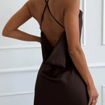 Jensin Satin Lace Trim Cowl Neck Back Cross Lace-up Slit Midi Dress
