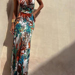 RAINFOREST PARADISE TROPICAL PRINT CUTOUT BACK CROSSOVER STRETCH MAXI DRESS