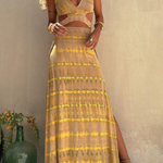 Yellow Ripple V-neck Slit Navel-exposed Long Suspender Dress