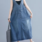 Loose Sleeveless Denim V-Neck Midi Dress
