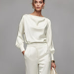 Women's Ivory Satin Set With Boat Neck Top & Puff Sleeves, Timeless Luxe-Elegant Style Set