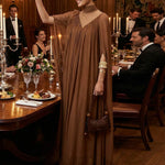 Cape Irregularity Layered Pleated Ruffled See-Through Solid Color Split-Joint High Neck Maxi Dresses