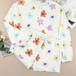 White Floral Print Henley Top & Drawstring Shorts Loungewear Set
