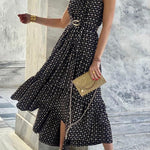Unique Print Lapel Sleeveless Waisted Midi Dress