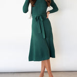 High Waisted Long Sleeves Solid Color Tied Waist Round-Neck Midi Dresses Sweater Dresses