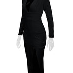 Bodycon Elasticated Waist Pleated Solid Color Split-Joint Split-Side Deep V-Neck Midi Dresses