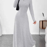 Long Sleeves Pleated Solid Color Split-Joint High Neck Maxi Dresses