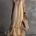 Soft Cream Vintage Flow Boho Tiered Ruffle Maxi Dress
