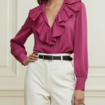 Long Sleeves Loose Ruffle Trim Solid Color V-Neck Blouses&Shirts Tops