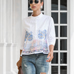 Casual Three-Quarter Sleeves Loose Embroidered Stand Collar Blouses&Shirts Tops