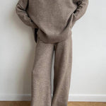 High-neck loose-fitting knit sweater and wide-leg pants two-piece set