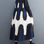 A-Line Long Sleeves Contrast Color Pleated Printing Split-Joint Polo Midi Dresses