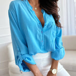 V Neck Button Roll Sleeve Patch Pocket Loose Straight Long Sleeve Shirt