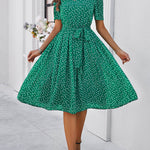 A-Line Elasticated Waist Contrast Color Polka Dot Split-Joint Tied Waist Round-Neck Midi Dresses