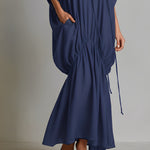 Women's Navy Blue Sheer Chiffon Dress With Batwing Sleeves & Ruched Side Detail, Timeless Effortless-Boho Style Dress