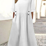 A-Line Loose Buttoned Pleated Pockets Round-Neck Midi Dresses