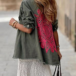 Khaki Green Denim Overshirt with Pink Crochet Mandala