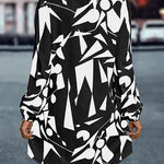 Loose Puff Sleeves Printed Split-Joint Lapel Mini Dresses Shirt Dress
