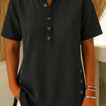 NatureQueens Women's Loose Denim Top - V Neck Short Sleeve Casual Button Up Cotton Blouse