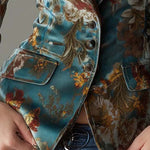 Vintage Teal Floral Velvet Tailored Blazer
