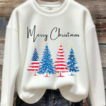 Women's Patriotic Christmas Tree With American Flag Colors Print Round Neck Sweatshirt