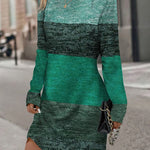 Long Sleeves Loose Contrast Color Printed Split-Joint Round-Neck Midi Dresses