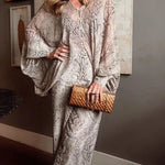 Iselle Animal Print Button Up Batwing Sleeve Shirt and Elastic Waist Wide Leg Pants Set