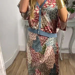 Harlen Satin Unique Printed Loose Shirt Top and Elastic Waist Maxi Skirt Set