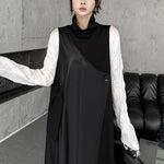 Irregularity Loose Asymmetric Buttoned Solid Color Split-Joint High Neck Midi Dresses