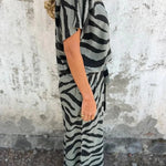 Zebra Print V-neck Short-sleeved Lace-up Top and Elastic Waist Pocket Straight-leg Pants Set