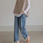 Simple Sleeveless Loose Buttoned Solid Color Round-Neck Sweater Vest Outerwear