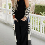Striped Pockets Open Front Split Long Cardigan