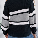 Striped Contrasting Metal Buckle Loose Long-sleeved Knitted Sweater