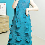 Casual Sleeveless Irregularity Pleated Solid Color Stand Collar Midi Dresses