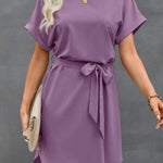 Loose Short Sleeves Solid Color Tied Waist Round-Neck Mini Dresses