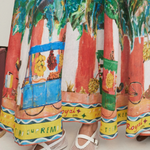 Summer Energy Linen Blend Unique Print Smocked Back Pocketed Midi Dress