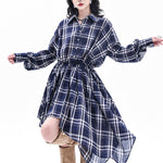 High-Low Irregularity Elasticity Plaid Lapel Collar Midi Dresses