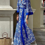 A-Line Flared Sleeves Pleated Printed Split-Joint Tied Waist V-Neck Maxi Dresses