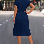 A-Line High Waisted Buttoned Solid Color Tied Waist Lapel Collar Midi Dresses Shirt Dress