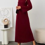 Long Sleeves Pleated Ruffled Solid Color Split-Joint Round-Neck Maxi Dresses