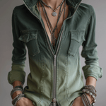 Casual Green Gradient Workwear Pocket Denim Zip-Up Blouse